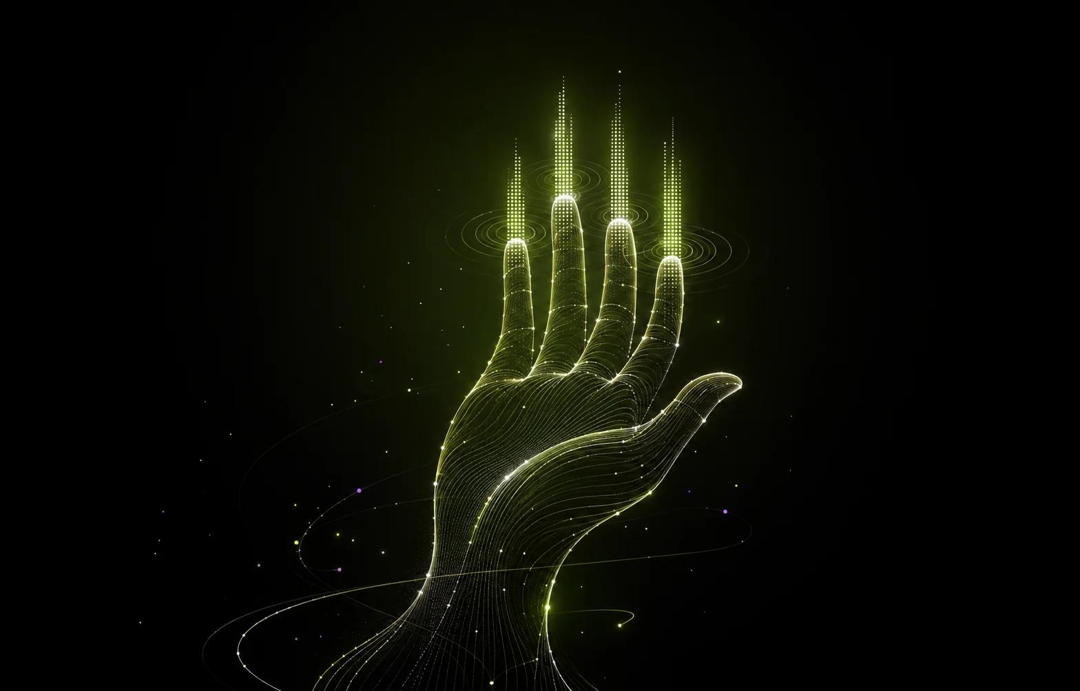 A hand playing Gesture Synth with colorful visual feedback