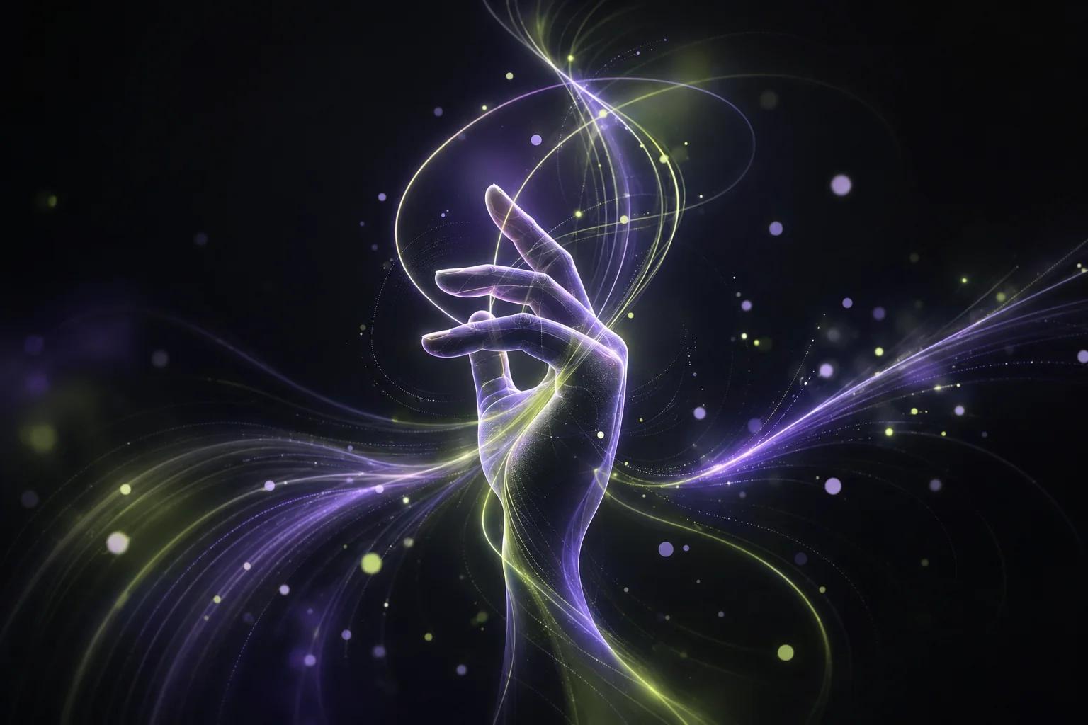 An abstract hand conducting soft Dreamy music with violet and lime trails