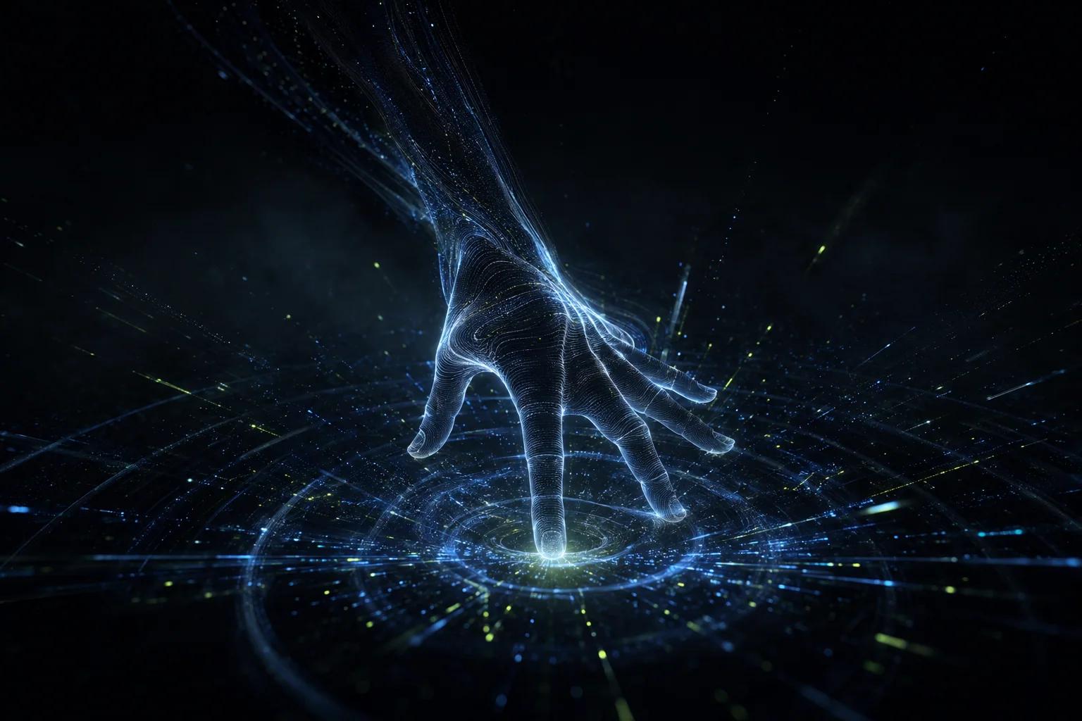 A luminous hand triggering a cinematic blue sound pulse