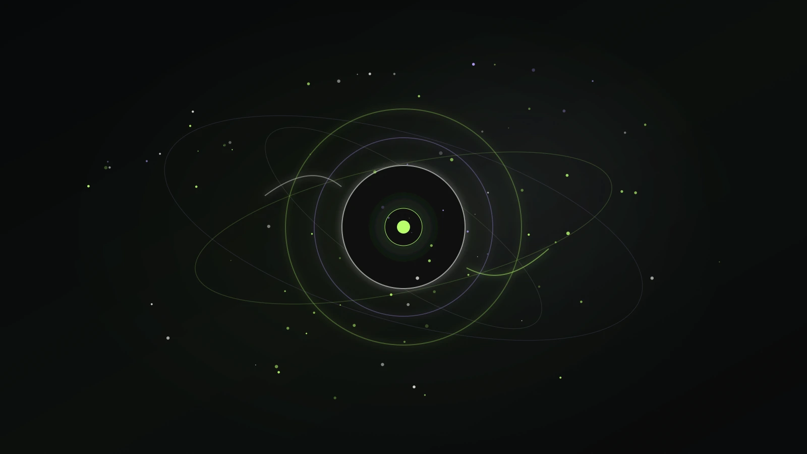 A luminous camera aperture sits inside calm orbiting rings and controlled light paths.