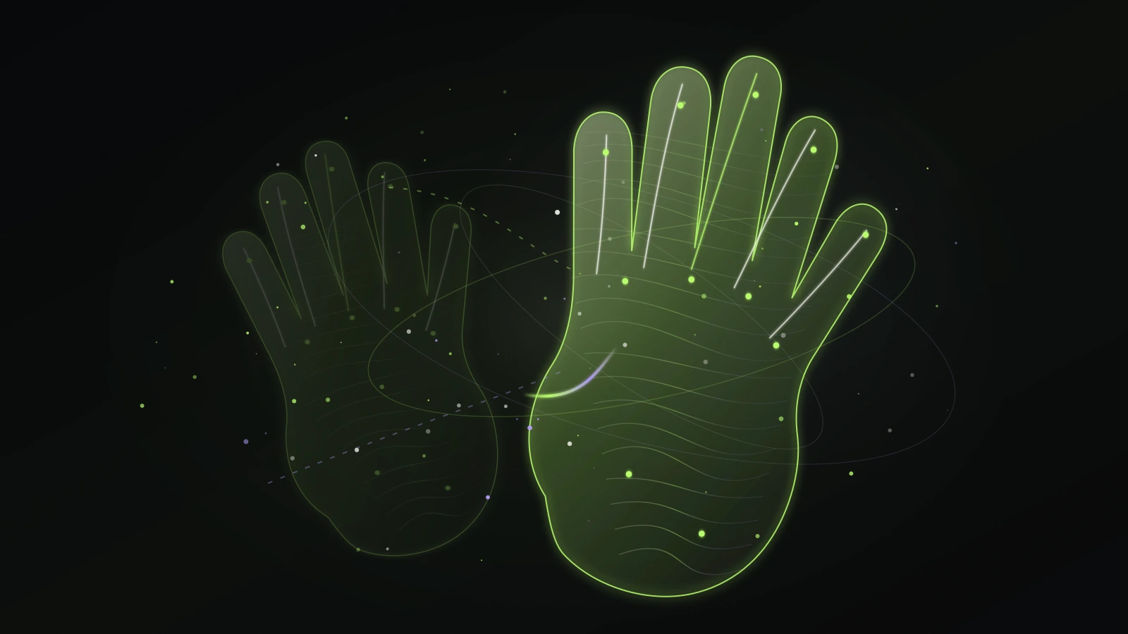 A scattered hand contour resolves into a stable luminous wireframe hand.