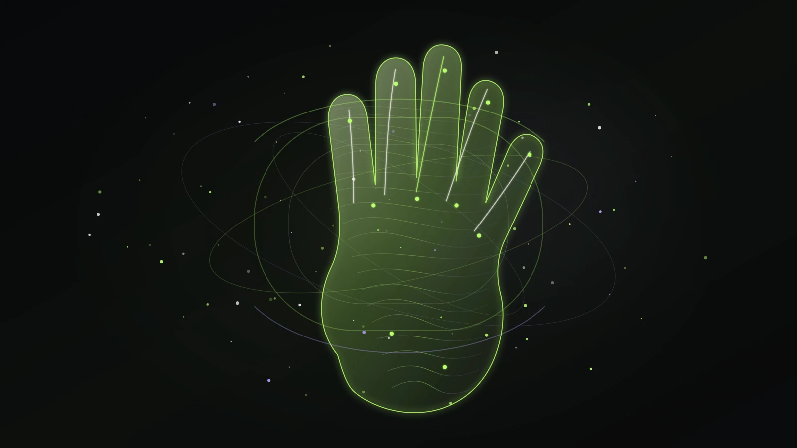 A centered wireframe hand sits inside a balanced halo of camera-like light.