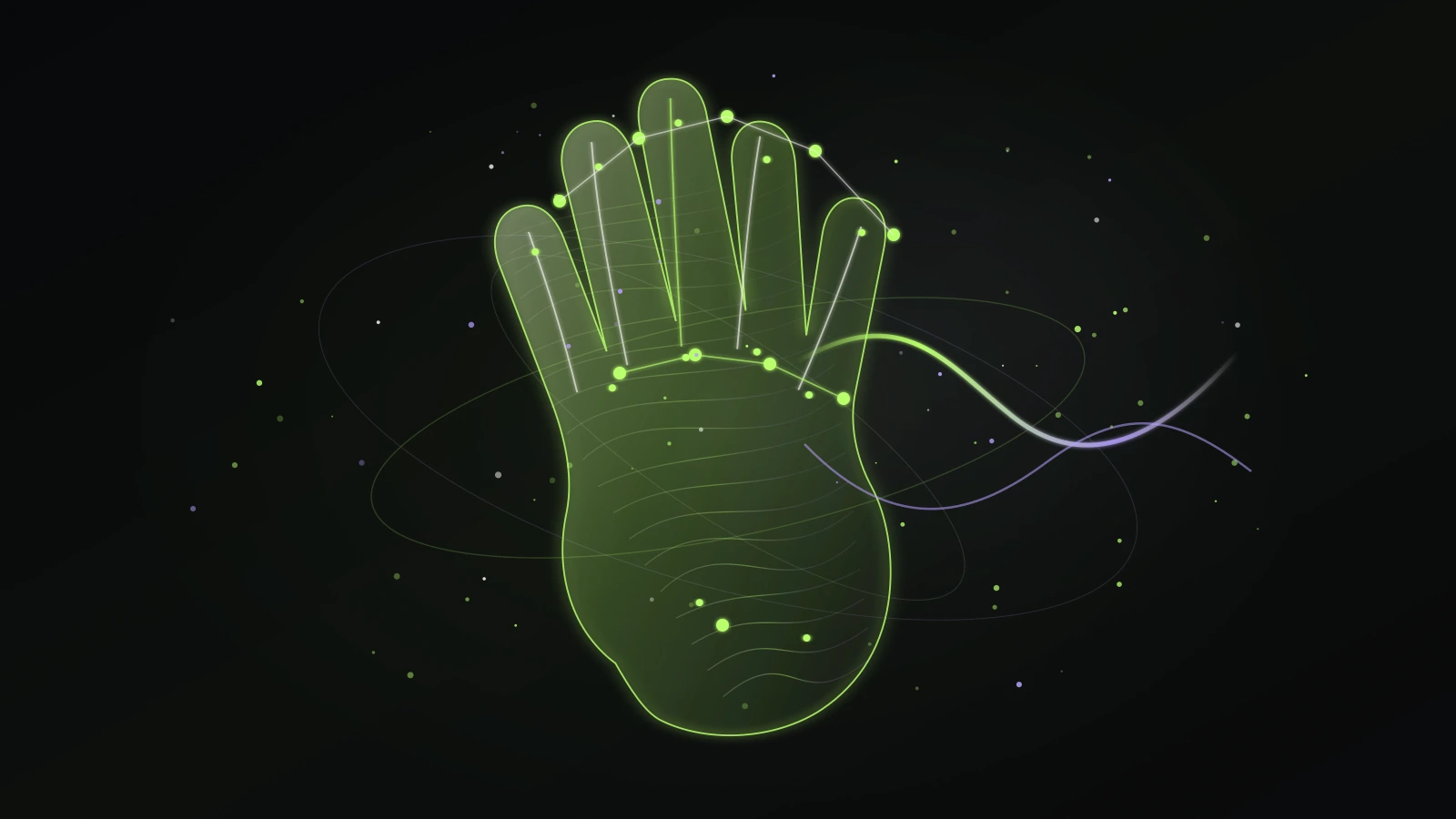 A contour-mesh hand with illuminated landmarks transforms into flowing musical light.