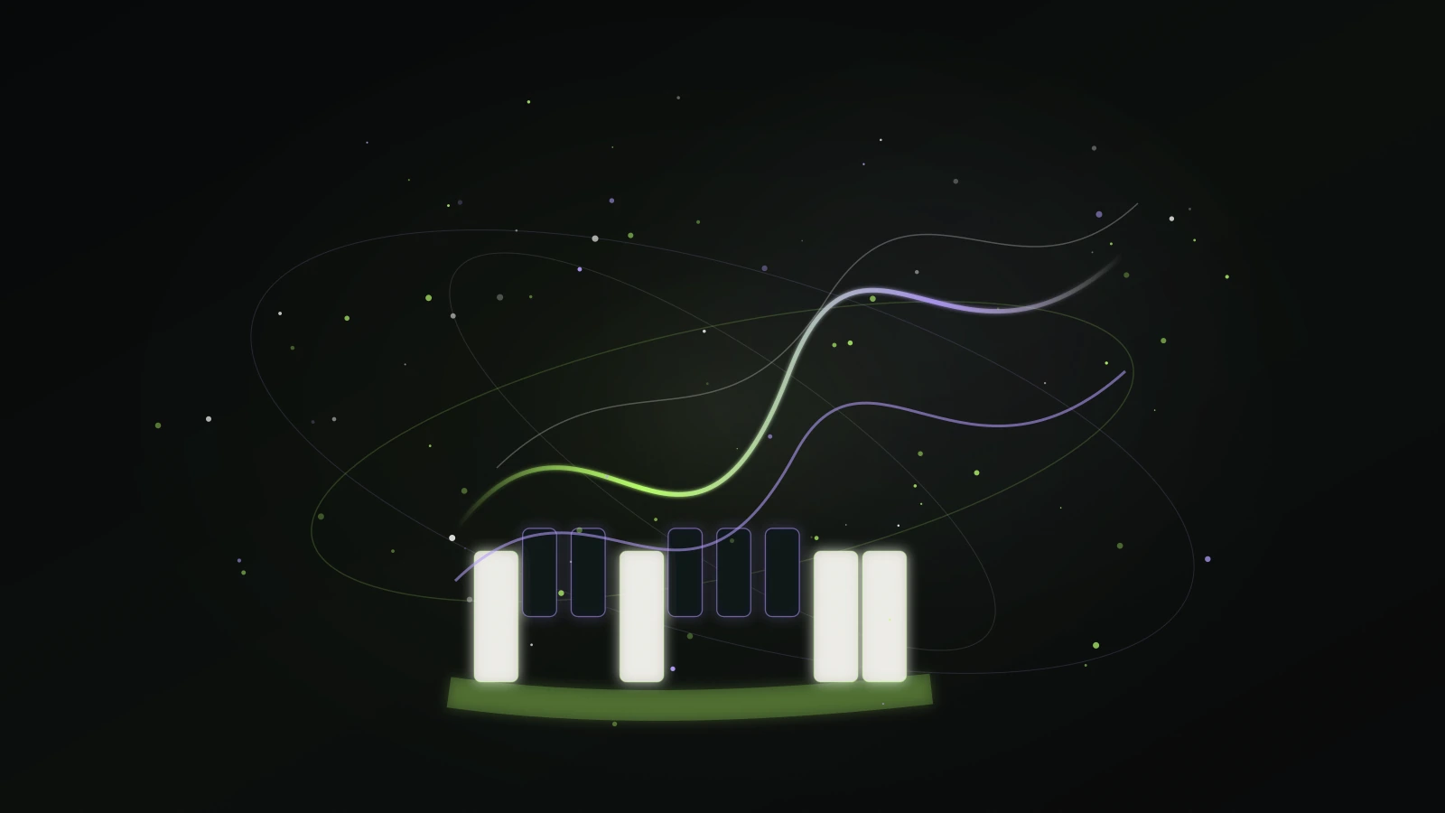 Glowing keyboard forms send lime and violet sound ribbons through a black space.