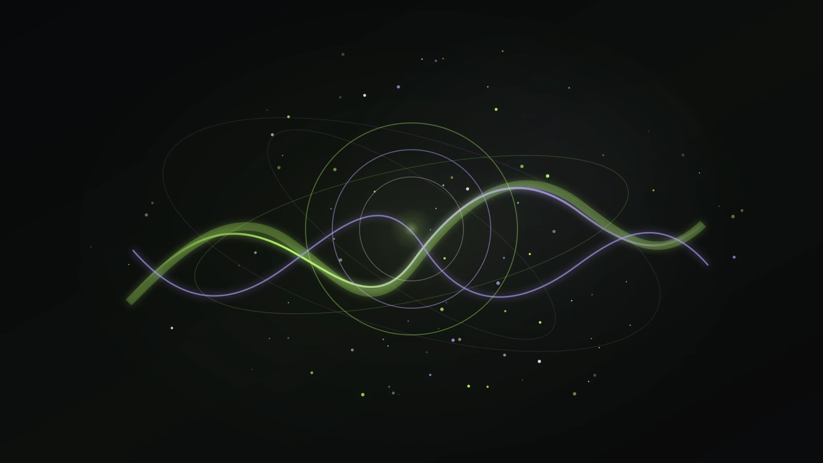 An editorial illustration of a bright waveform becoming layered circles, pulses, and flowing visual trails on a dark background.