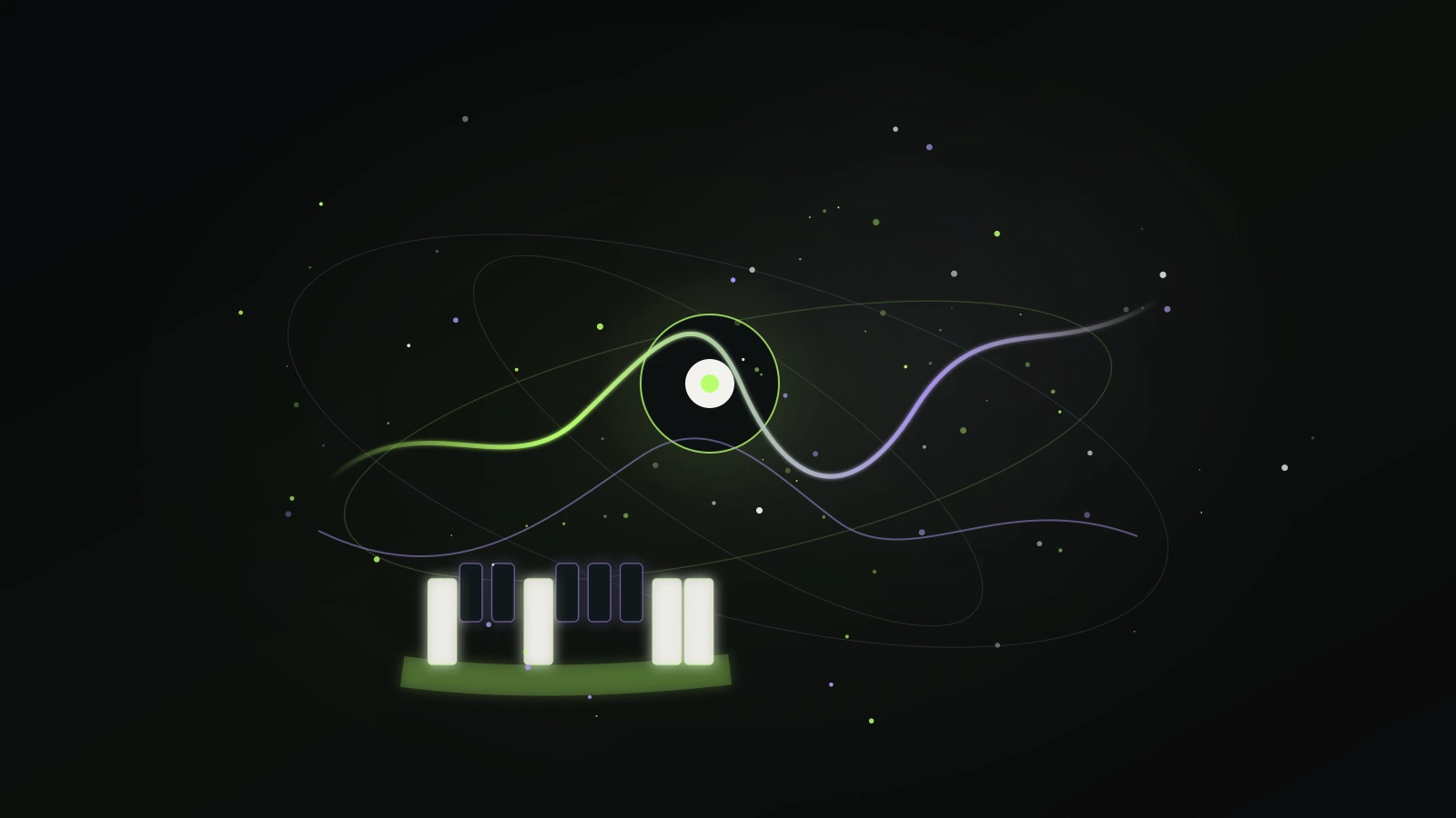 A luminous sound core and tactile keys float in a dark field of musical contours.