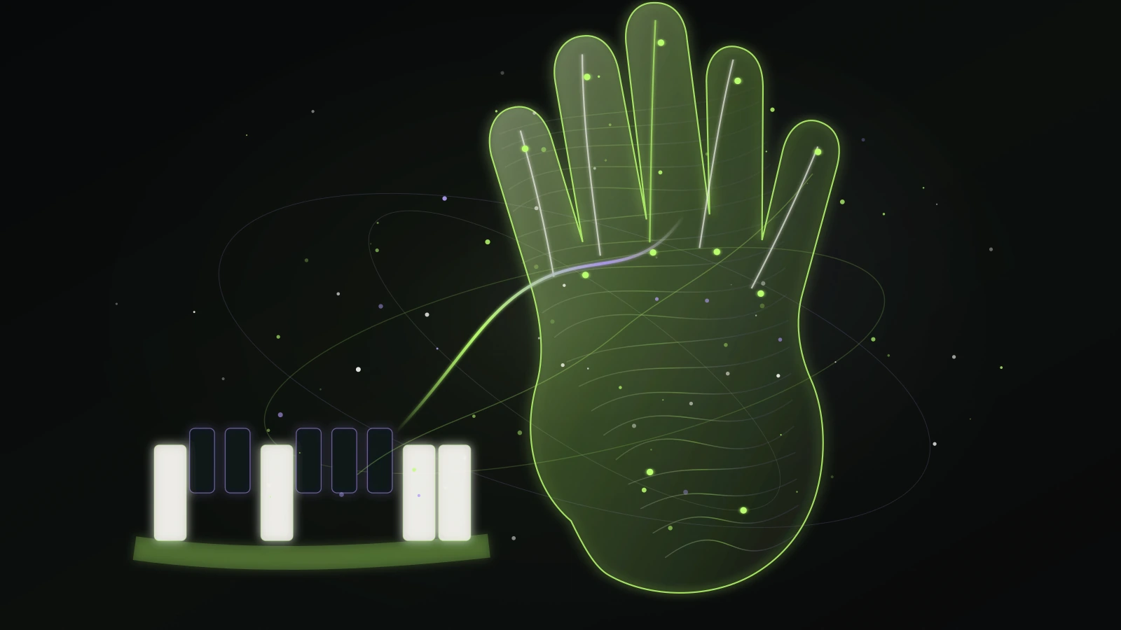 An editorial illustration of a hand, a computer keyboard, and luminous sound waves forming a browser music performance.
