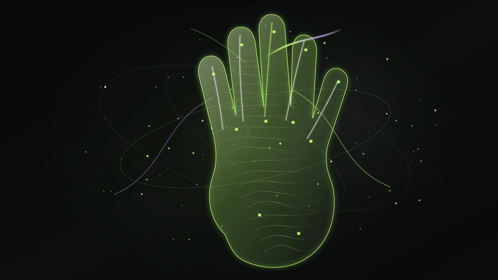 A luminous wireframe hand sends musical light through a dark field of particles and orbit trails.