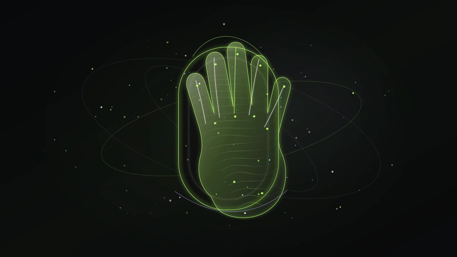 A wireframe hand performs inside a tall cinematic light field with orbiting trails.