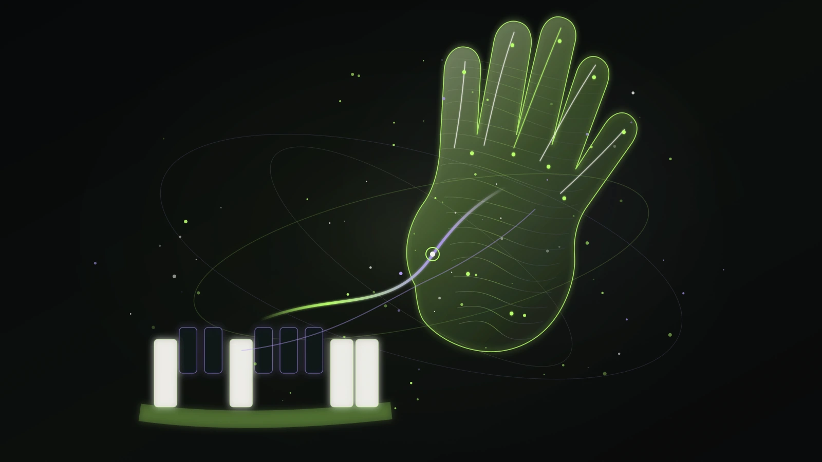An editorial illustration of a keyboard, an open hand, and touch-like musical controls converging into one browser instrument.